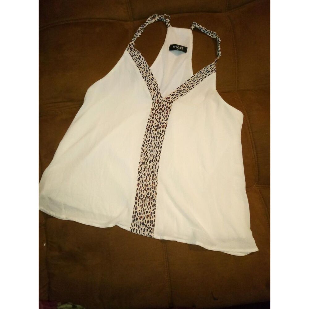 CHICME Women's White Cheeta Print Halter Blouse size S B1
